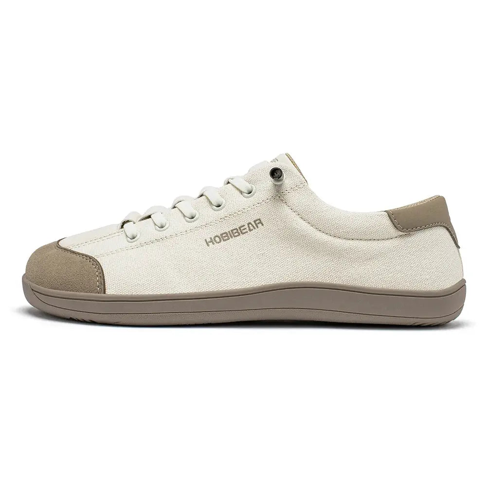 HOBIBEAR wide-toe barefoot canvas sneakers, unisex beige with taupe toe cap and white laces