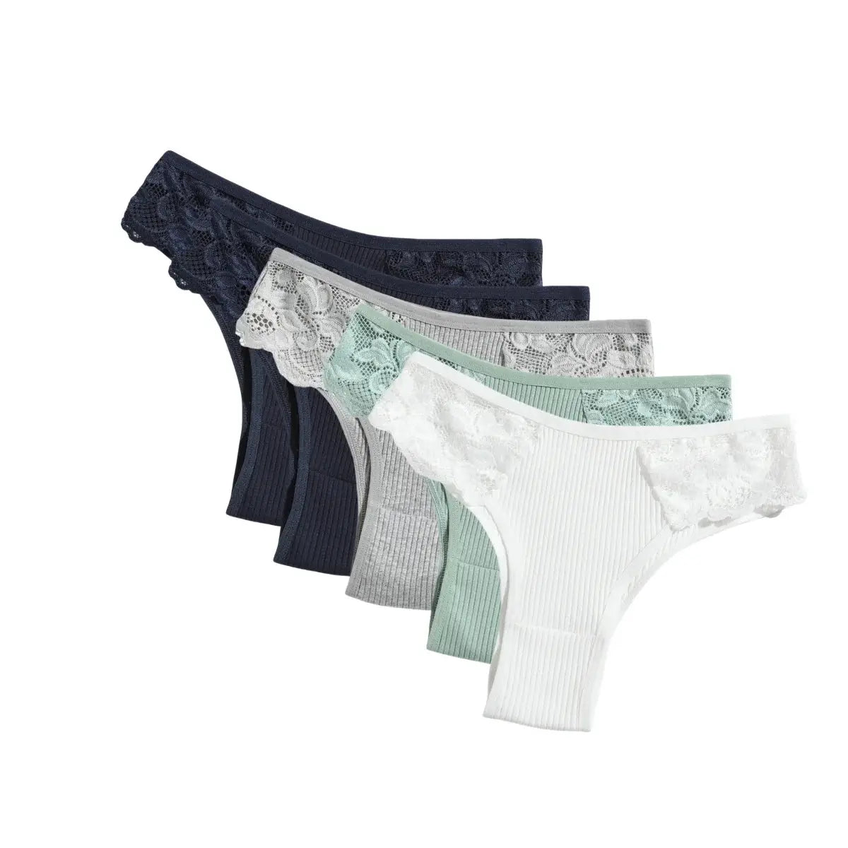 5Pcs set women’s cotton panties with floral lace side panels; low-rise rib briefs in assorted colors.