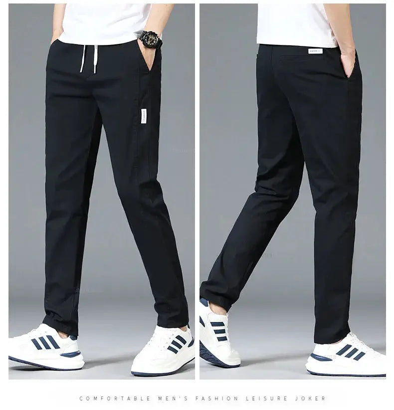 Simples Market men's slim straight casual pants with elastic waist and drawstring, black, front pockets