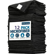 Black microfiber car cleaning towels, 12-pack, quick-drying, double-layer.