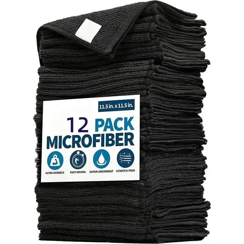 Black microfiber car cleaning towels, 12-pack, quick-drying, double-layer.