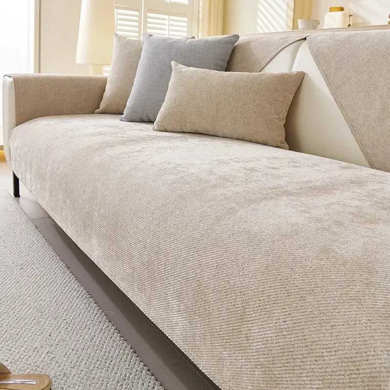Sofa cushion cover beige chenille fabric; solid color, non-slip universal fit