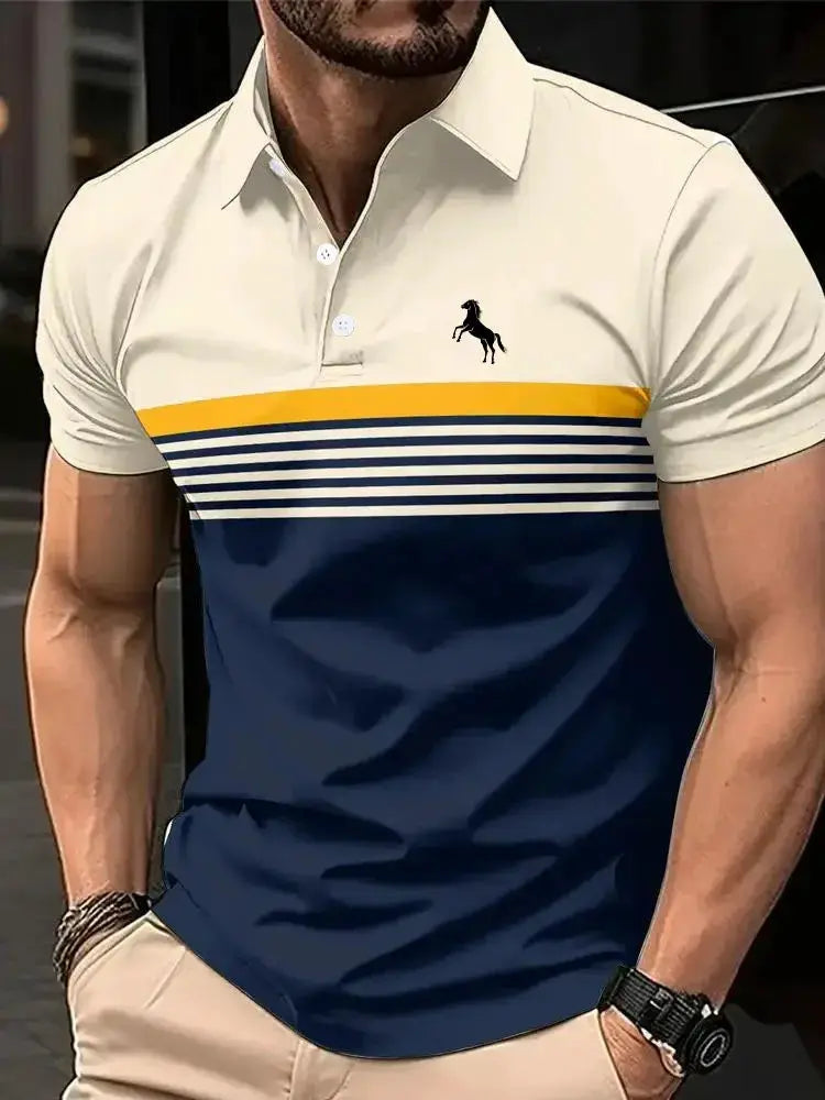Men's Casual Short Sleeve Polo Shirt With 3D Horse Print And Striped Color Block Design Collared Golf Shirt Summer