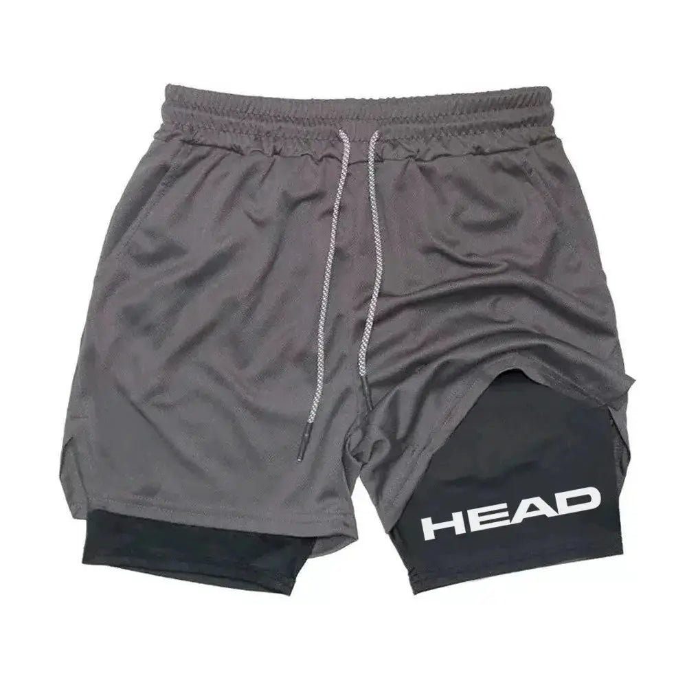 2-in-1 men's running shorts, grey outer with black inner compression liner, HEAD logo