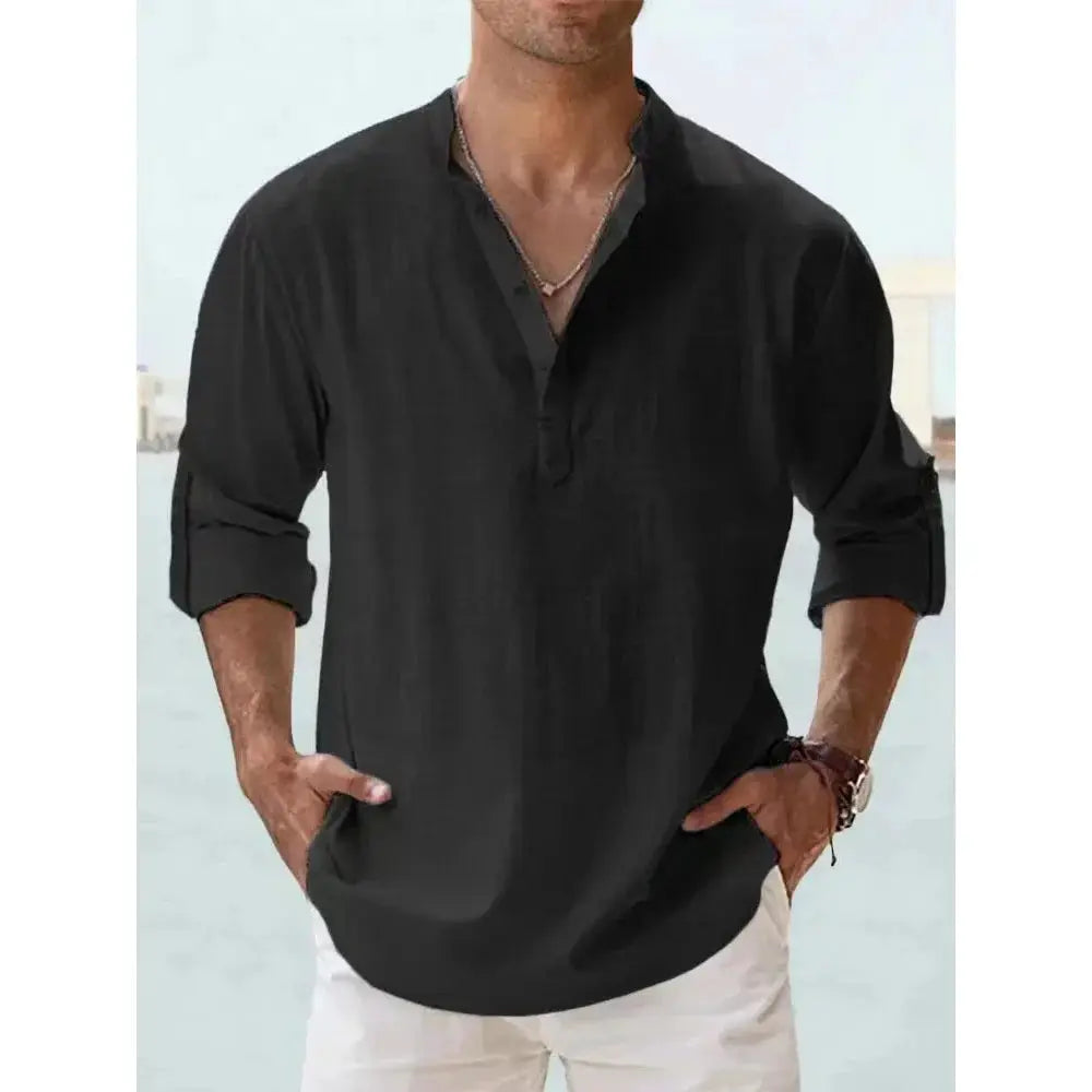 Men's Cotton Linen Blend Short Sleeve Henley Shirt For Summer Casual Beach Vacation