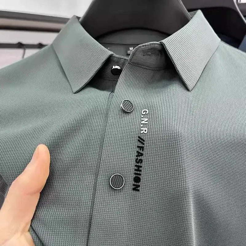 Polo shirt, GNR FASHION, sage green textured knit, short-sleeve with metal-ring button placket