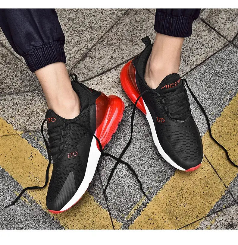 Simples Market men's black mesh running sneakers with red translucent sole and white midsole