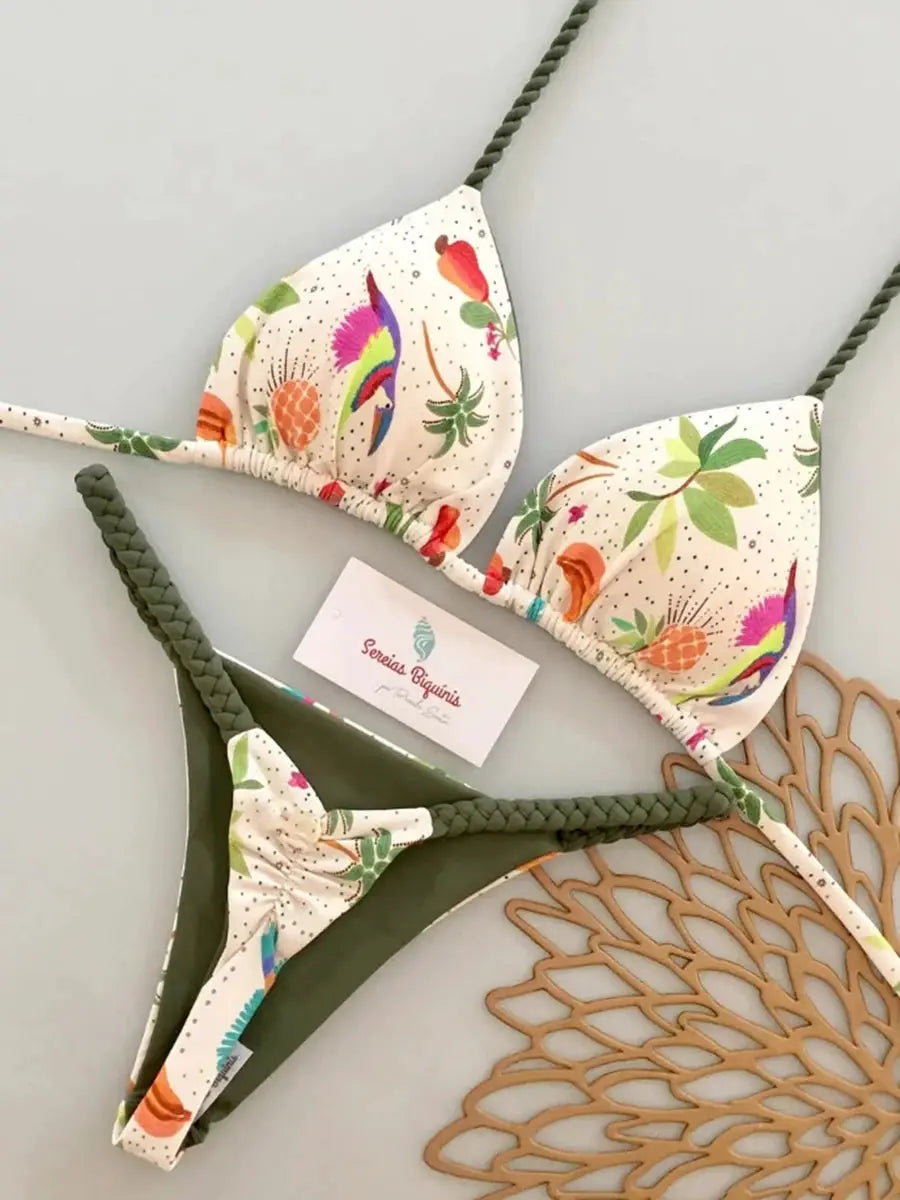Micro bikinis halter bikini set with tropical print, white base, green braided straps and olive bottoms