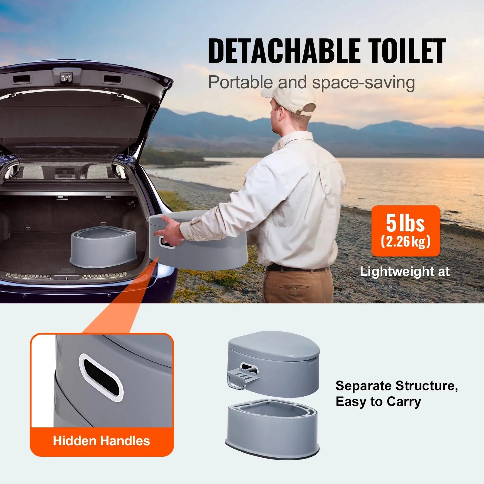 SucceBuy portable camping toilet by Simples Market; gray, lightweight with detachable inner bucket