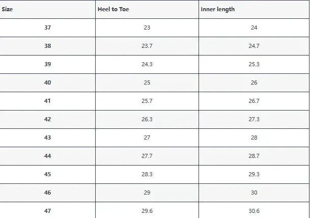 HOBIBEAR unisex barefoot shoes size chart showing heel-to-toe and inner length for sizes 37–47