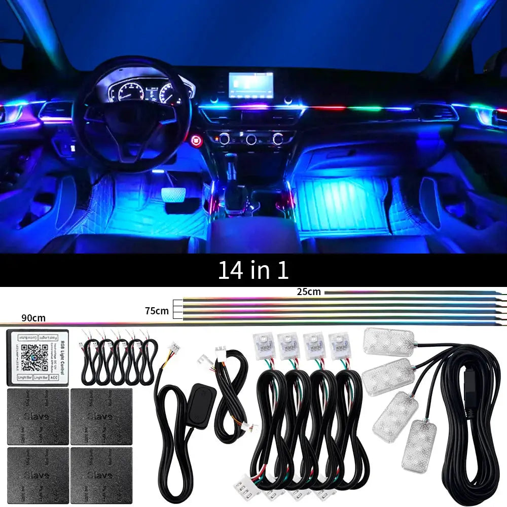 Simples Market 18-in-1 dual-zone RGB car interior LED lighting kit with neon acrylic strips, controllers, and wiring
