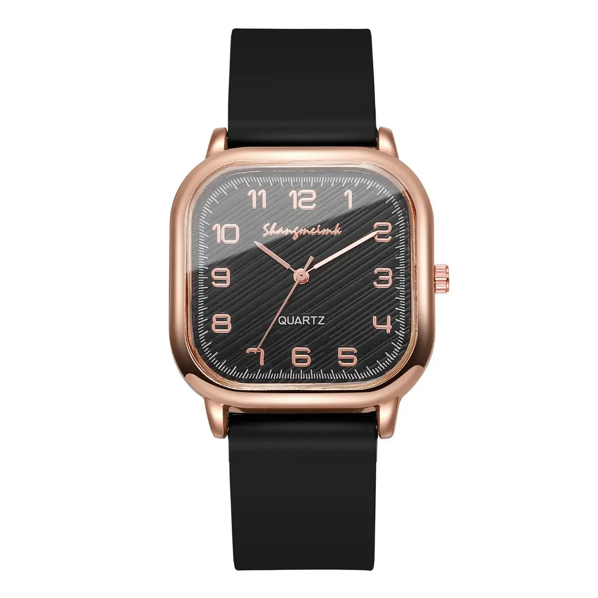 Simples Market square women's quartz watch with rose-gold case and black silicone strap