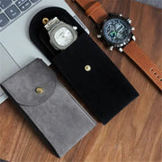 Embers watch bag gray and black flannelette cases with gold snaps; 2-pack travel watch storage.