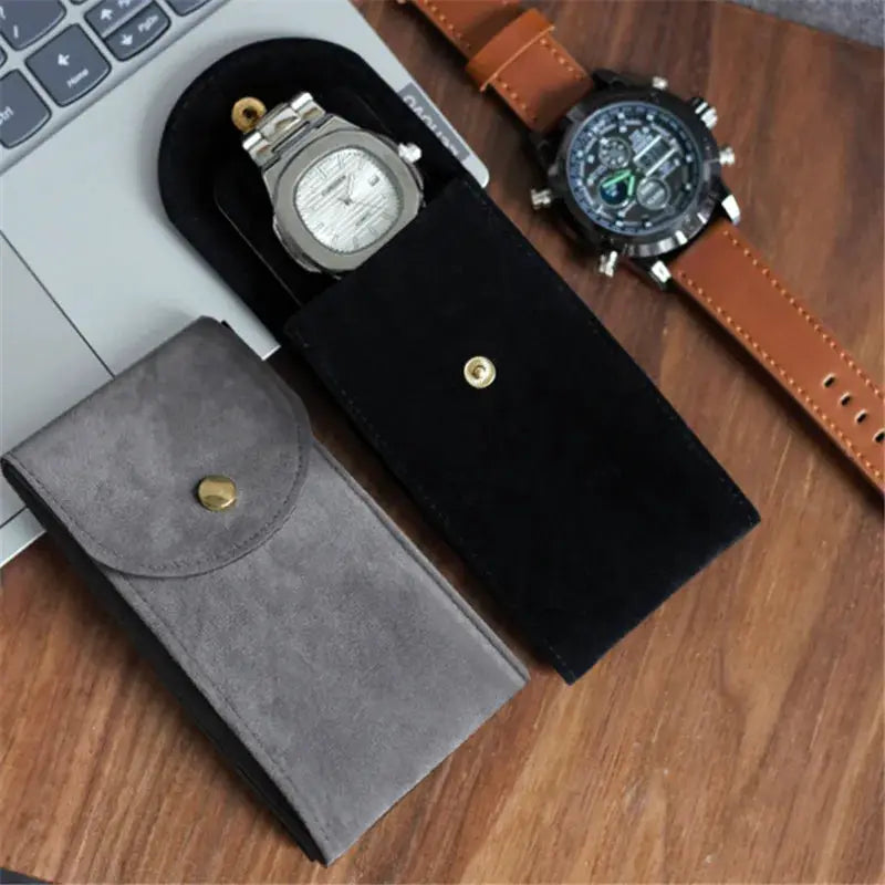Embers watch bag gray and black flannelette cases with gold snaps; 2-pack travel watch storage.