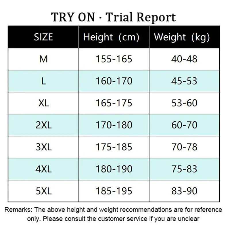 Men's winter lambswool outdoor waterproof cargo pants size chart with height/weight ranges M–5XL (Simples Market).