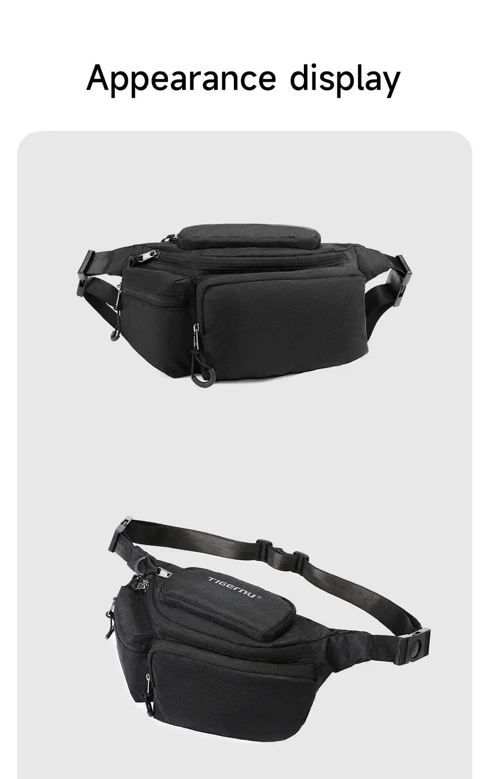 Tigernu black chest bag for men with multiple pockets and adjustable strap; two-view image