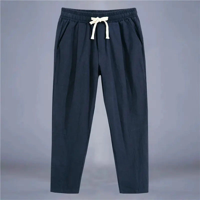 Mens Cotton Linen Solid Color Casual Pants Breathable Loose Fit Trousers With Drawstring Waist Streetwear