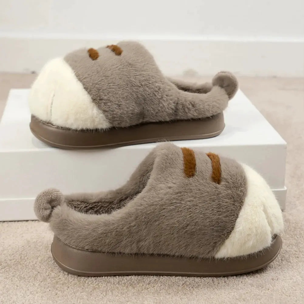 3D Cat Paw Plush Slippers, grey and white fluffy slip-ons with anti-slip sole (pair), Simples Market