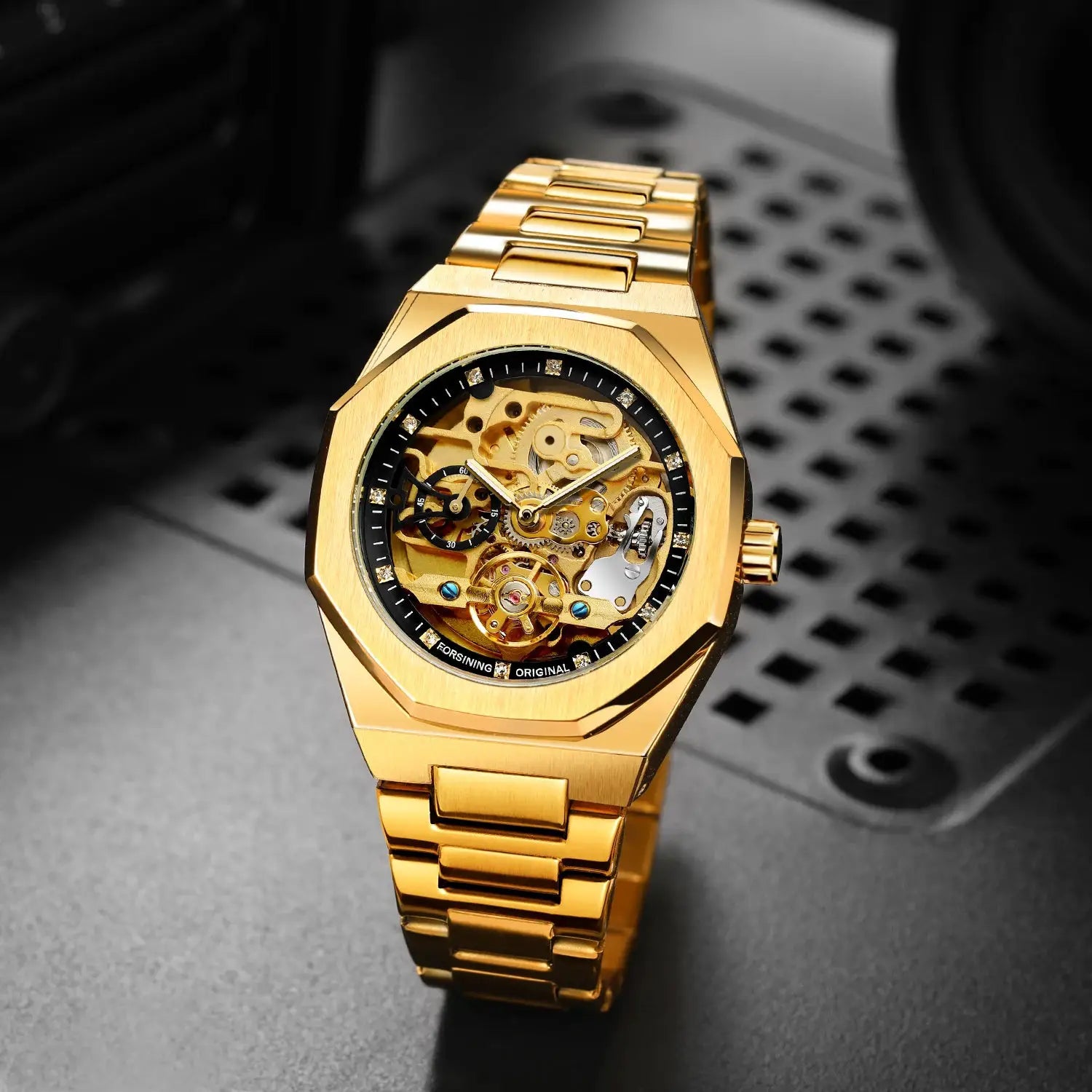 Forsining skeleton automatic men's watch with gold-tone stainless steel bracelet and luminous hands