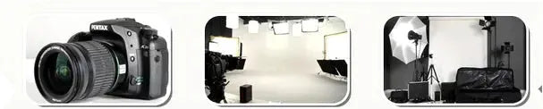 Three-item camera gear collage: DSLR camera with lens, studio backdrop, and lighting equipment.