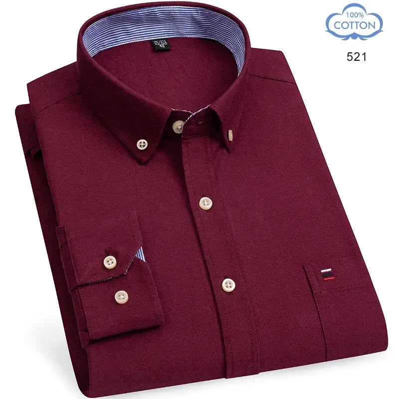 Simples Market men's maroon 100% cotton Oxford shirt, long sleeve with cream buttons and chest pocket with flag logo