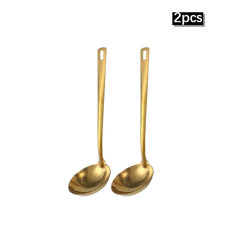 Two And Six Piece Stainless Steel Kitchenware Set Korean Golden Design Soup Spoon Colander Hot Pot Spoon Frying Spoon