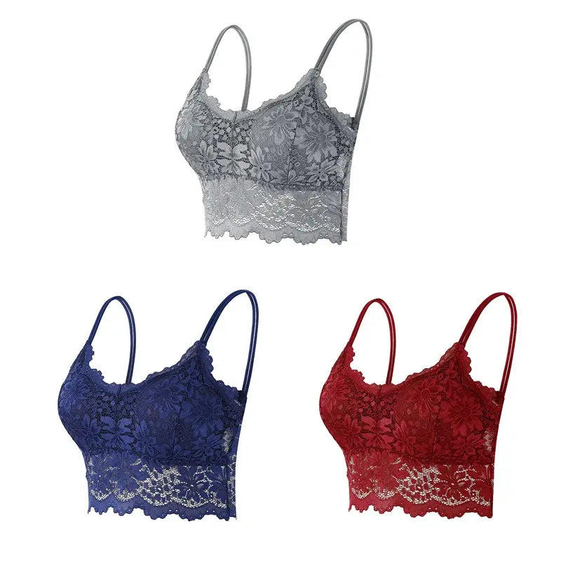 3-piece lace bralette set for women in gray, navy blue, and red; wireless, seamless floral lace by Simples Market.