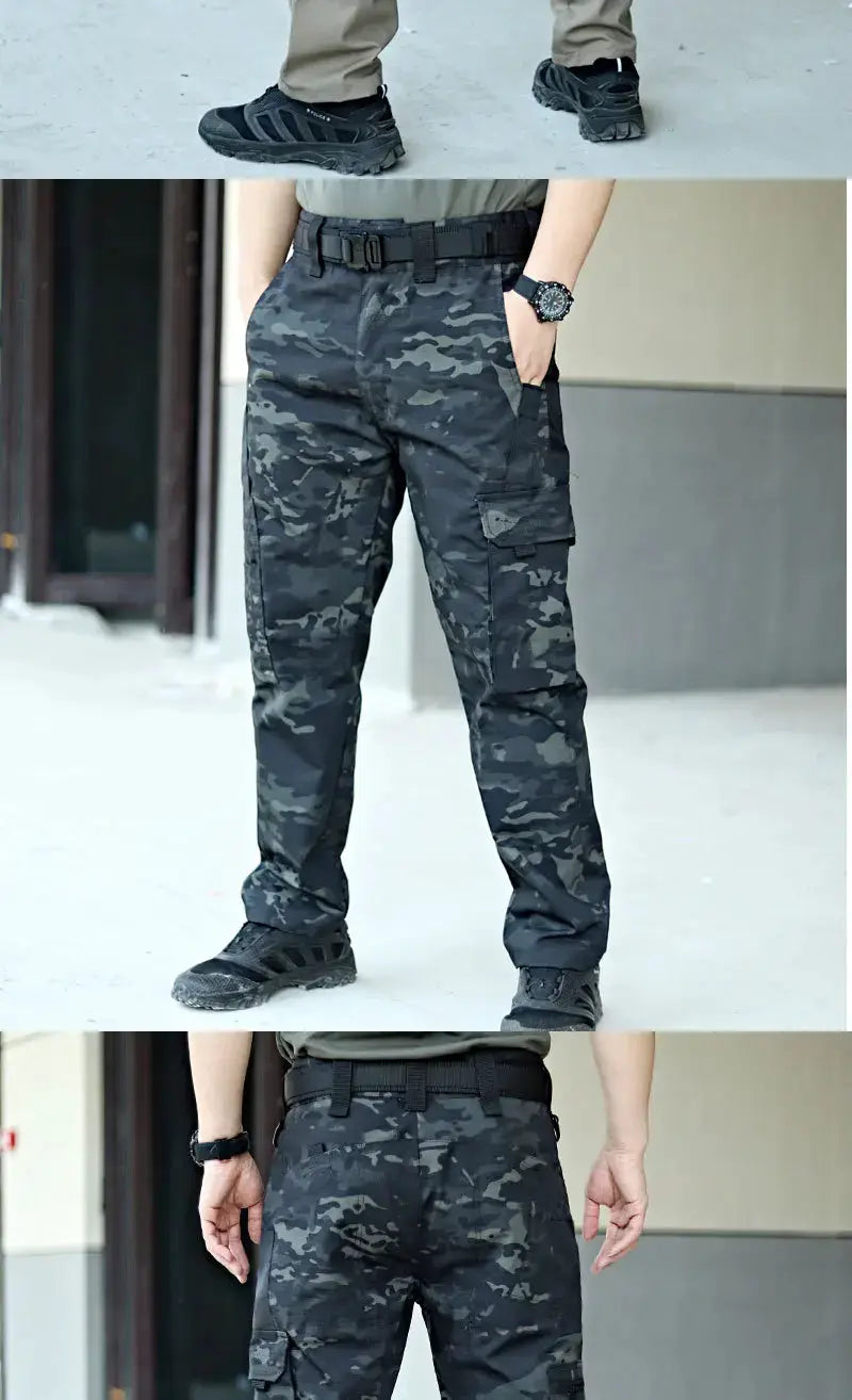 Simples Market tactical work pants for men, black camouflage cargo waterproof trousers with belt and multiple pockets