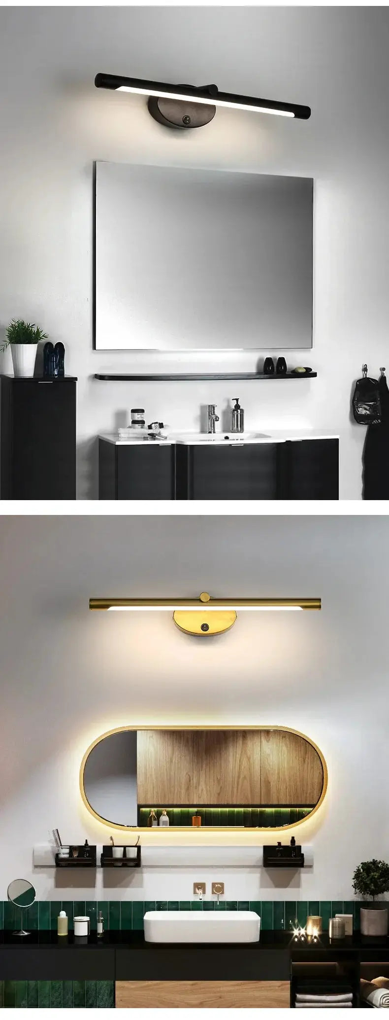 Modern LED indoor wall lamp for bathroom mirror; black and gold finishes, minimalist wall sconce with touch switch