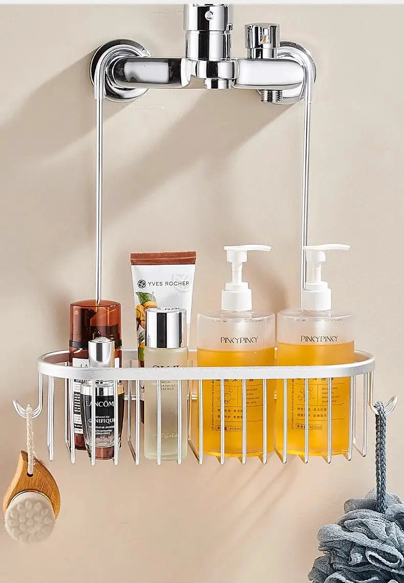 Shower caddy hanging organizer in chrome with hooks, holding bath products