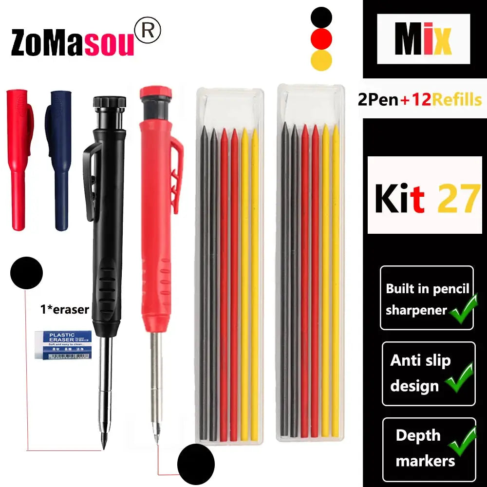 Carpenter mechanical pencil set with 2 red and black pencils, eraser, and two packs of color lead refills
