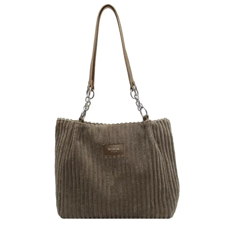 Women corduroy shoulder bag taupe with fixed strap and large capacity