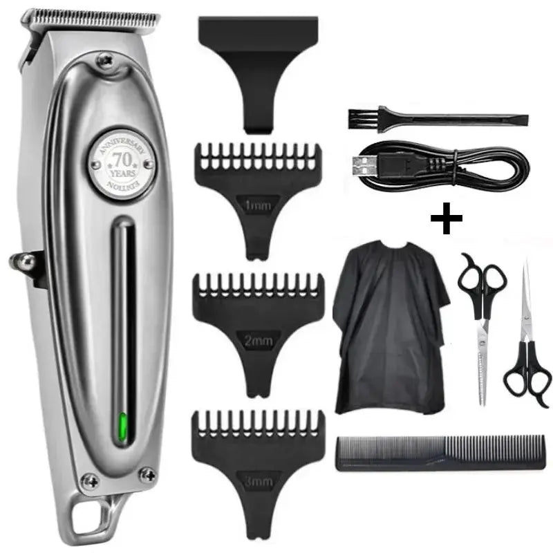 Kemei KM-TX1 hair clipper with metal body in gold and silver, includes 3 guards, cape, scissors, comb and USB charger.