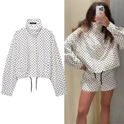 PolkaChic Polka Dot Print Short Coat For Women Elegant Office Ready Long Sleeve Jacket Regular Fit Polyester