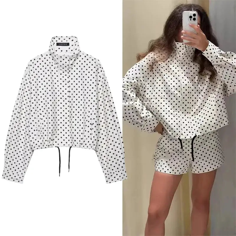 PolkaChic Polka Dot Print Short Coat For Women Elegant Office Ready Long Sleeve Jacket Regular Fit Polyester