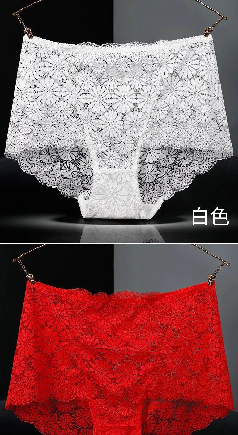 High-waisted lace underwear for women, plus-size, white and red hollow-out floral briefs by Simples Market