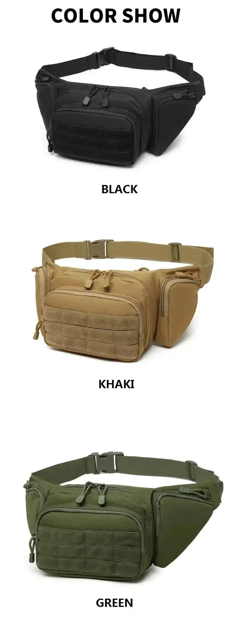 Tactical waist pack fanny bag; nylon, high-capacity, available in black, khaki, and green (3-color set).