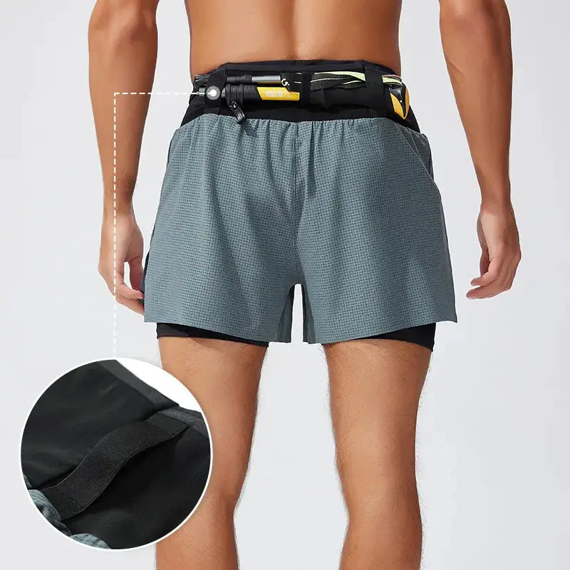 Men's double-layer summer running shorts in gray with black inner lining; quick-dry breathable fabric