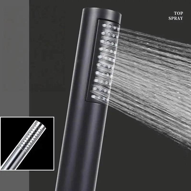 Hand-held shower head by Simples Market; black plastic with rainfall spray, aerator, high pressure