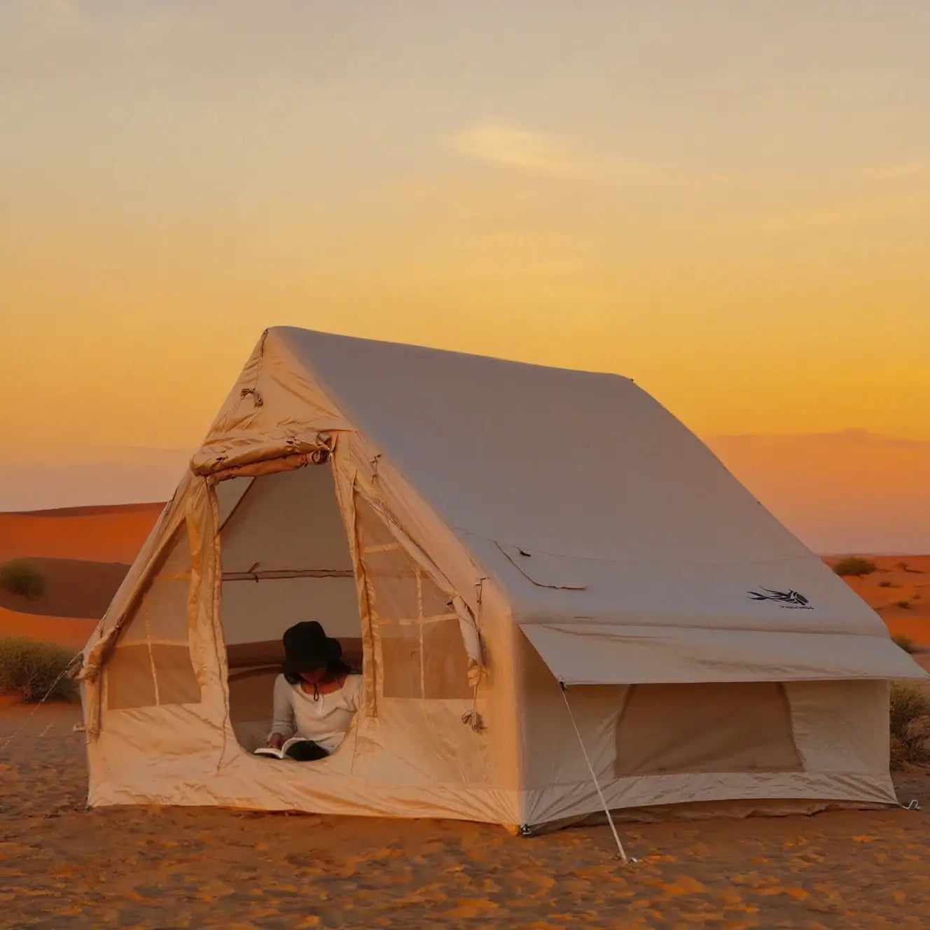 Simples Market inflatable camping tent; beige pyramid-style family tent with open front at sunset.