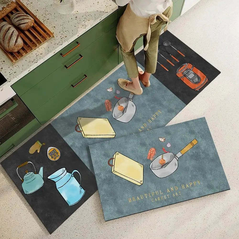 Non-slip kitchen mats, 3-piece crystal velvet rug set with kitchenware prints in blue and black