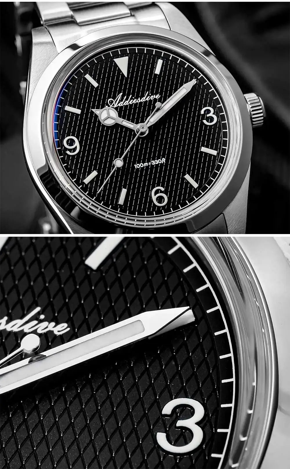 Addiesdive men's analog watch with stainless steel bracelet and black textured dial, 100m water resistant