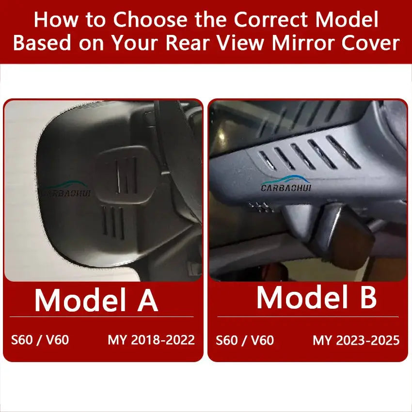 Dash cam compatibility guide with Model A and Model B for Volvo S60/V60; Model A 2018-2022, Model B 2023-2025.