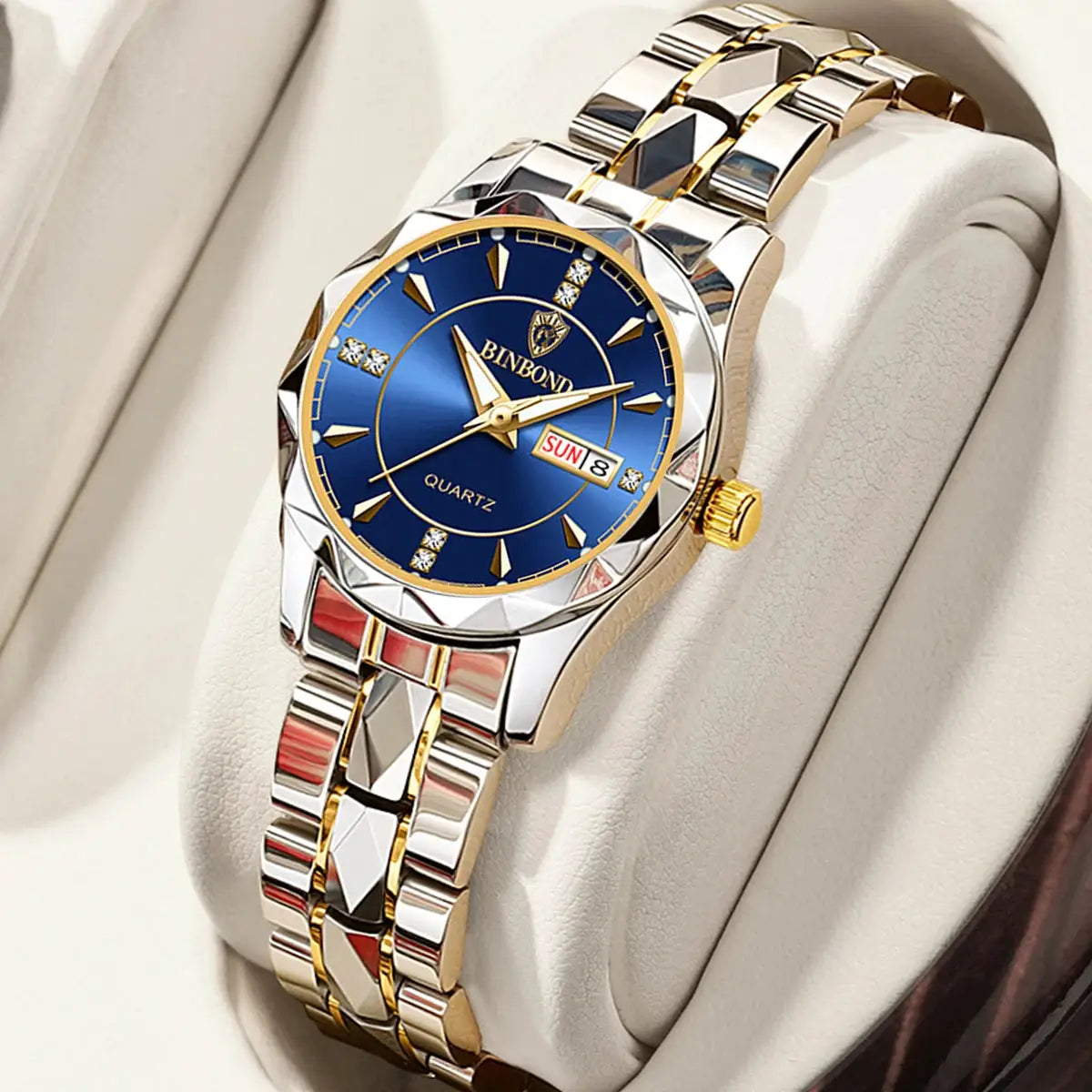 BINBONG women's two-tone stainless steel quartz wristwatch with blue dial and date window