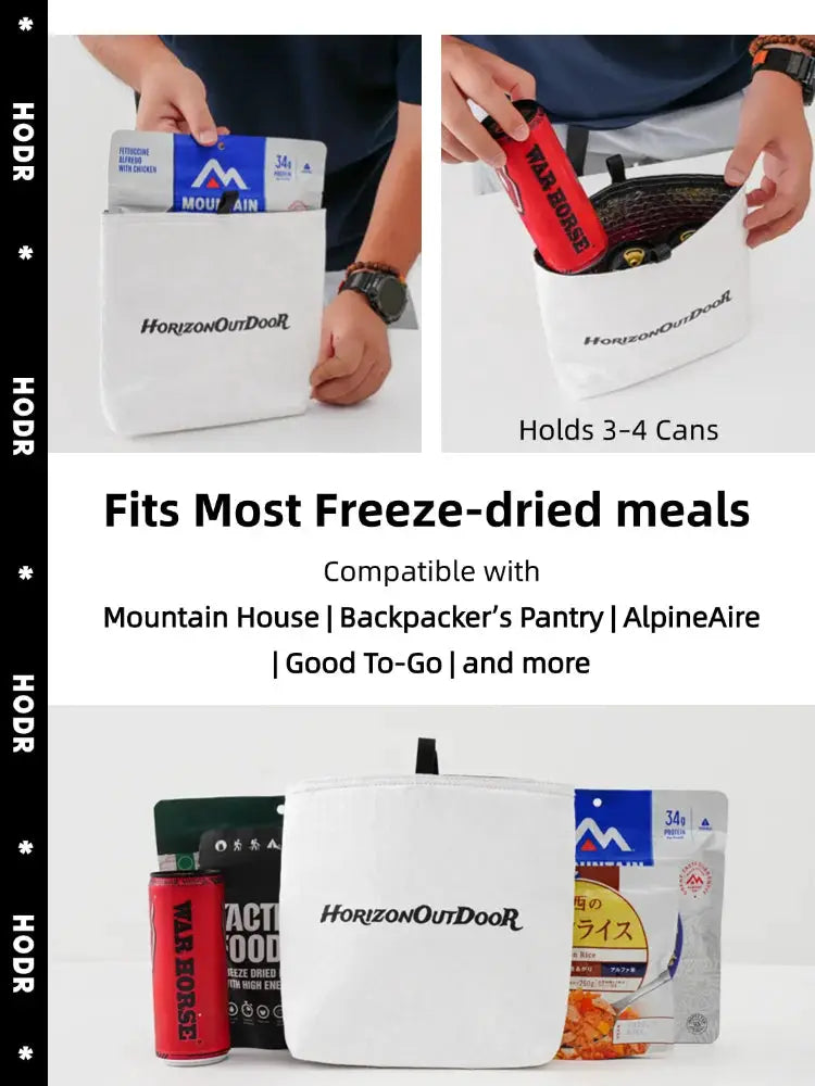 HODR Gear white Tyvek insulated food pouch; ultralight, tear-resistant, holds 3-4 cans for freeze-dried meals.