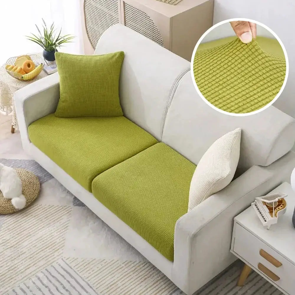 Jacquard sofa cover set in lime green polar fleece, stretchy and removable for a chaise lounge couch.