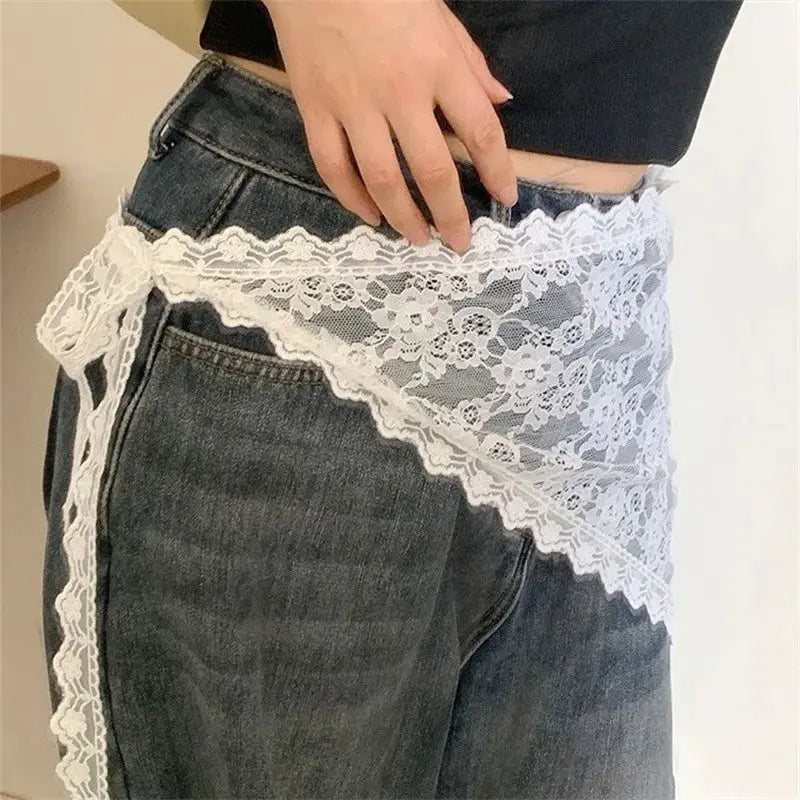 White lace layered gauze skirt with floral trim and wrap-around waist ties