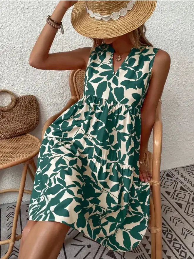 Women Boho Print Mini Dress Sleeveless V Neck Ruffle Beach Sundress