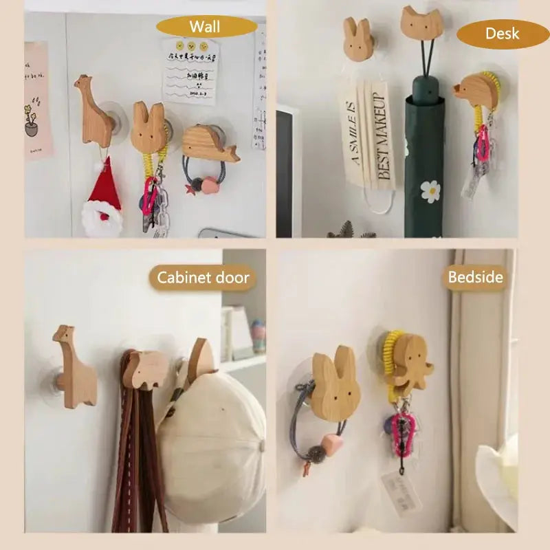 Simples Market wooden animal-shaped wall hooks; set of 4 solid wood coat and key hooks for kids' room.