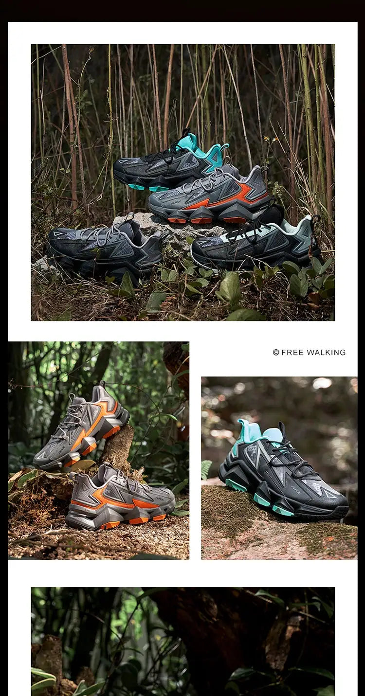 Rax men's waterproof hiking shoes, four pairs in gray with teal and orange accents.